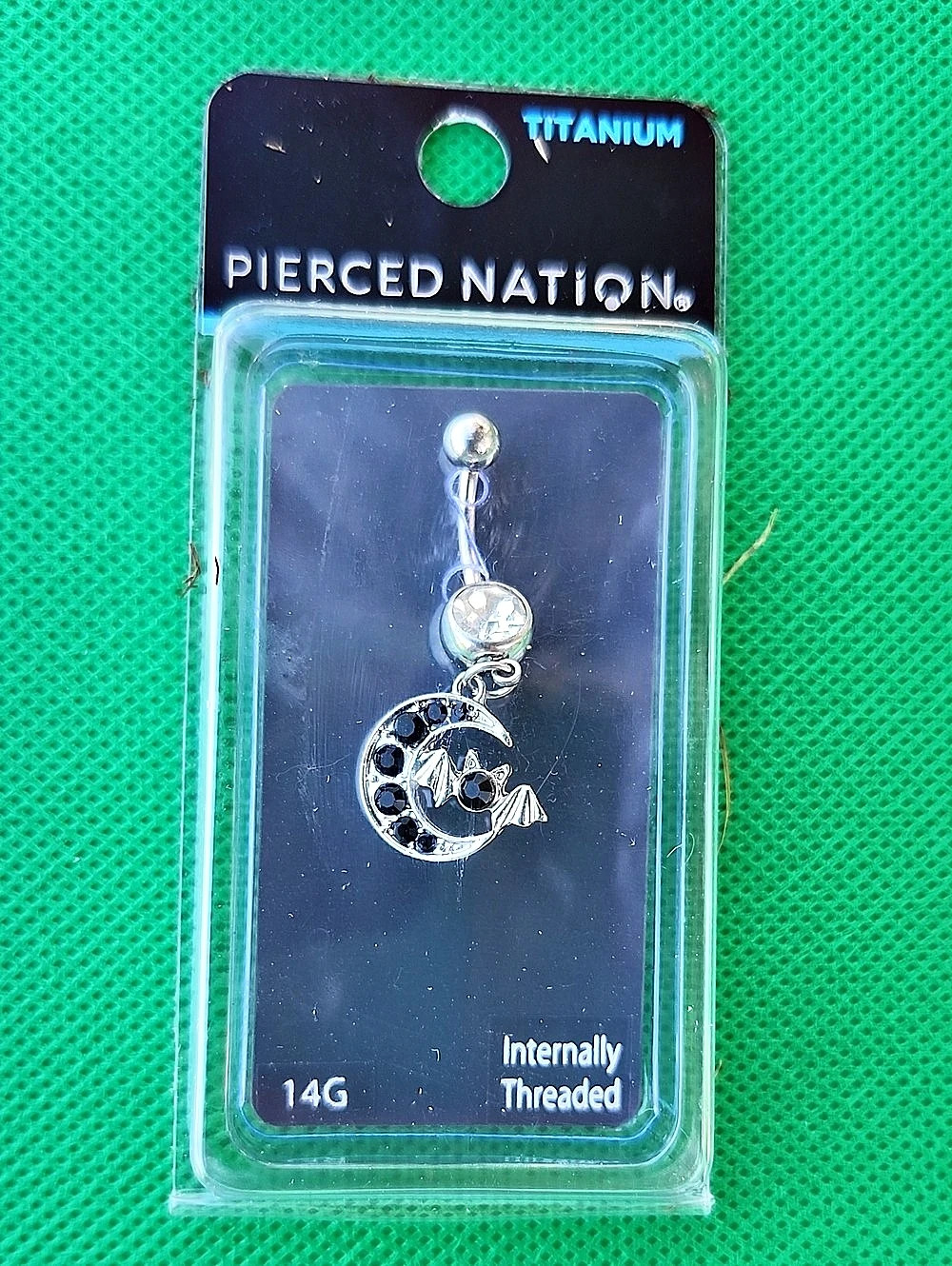 Pierced Nation CZ Bat Dangle Black Belly Ring Titanium Crescent Moon 14G NWT